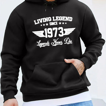 Men's autumn and winter casual fashion loose hoodie retro 1973 letter pattern printed long sleeved warm pullover sweater
