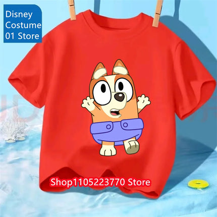 Autumn Winter Bluey Short Sleeve T-Shirt Kids Printed Top Soft Cartoon Tee Comfortable for Boys Girls