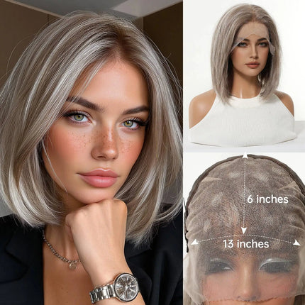 13x6 HD Transparent Lace Front Bob Wig 12" Short Straight Highlight Brown Blonde Synthetic Wigs for Women Glueless Pre Plucked