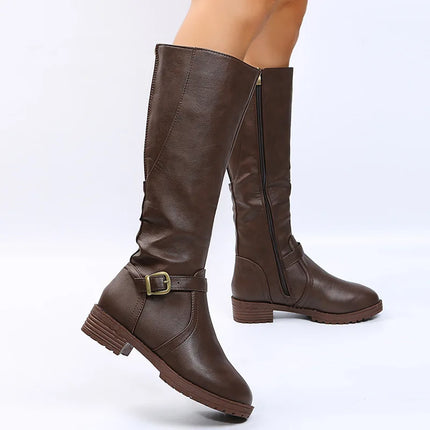 Women Knee High Boots Platform Long Boots Low Heels Round Toe Shoes New Zip Brown High Boot Vintage Pu Leather Women Boots 2025