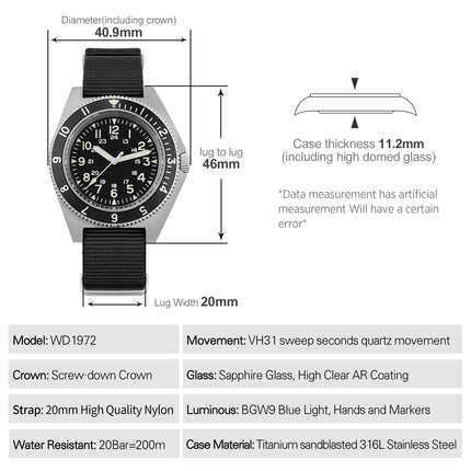 Watchdives WD1972 Quartz Watch VH31 Sweep Seconds Movement Sapphire Crystal BGW9 Luminous 20Bar Waterproof Vintage Men Watches