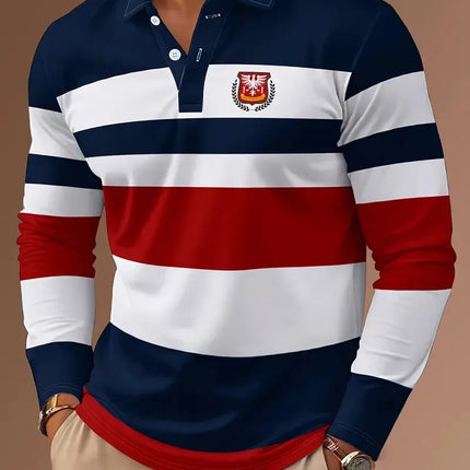 The new men's long-sleeved POLO shirt for Spring and Autumn 2025 is casual fashionable and comfortable with 3D striped printing