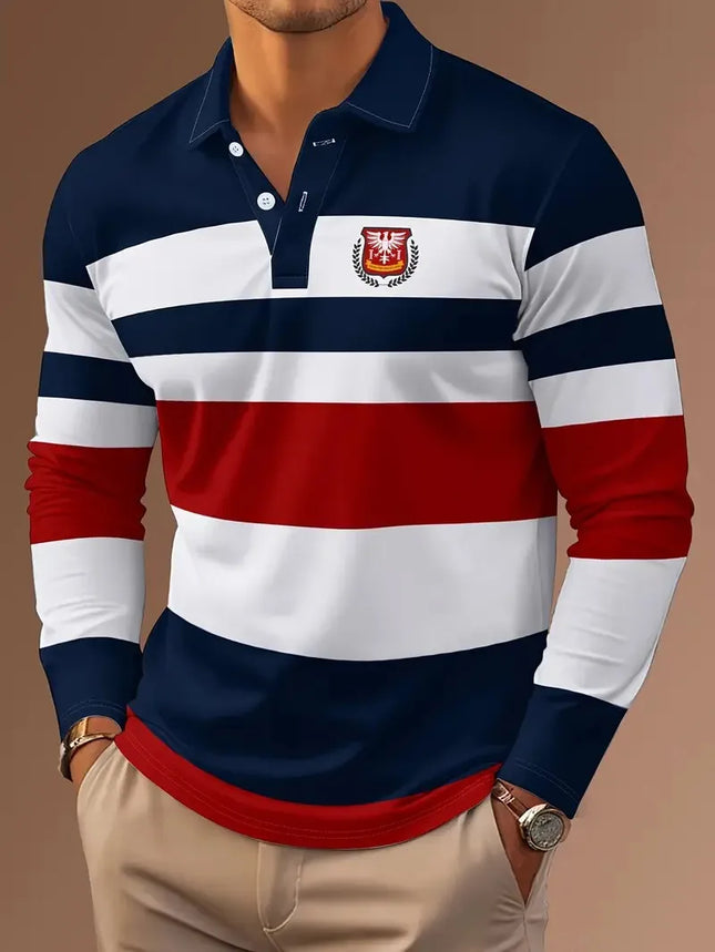 The new men's long-sleeved POLO shirt for Spring and Autumn 2025 is casual fashionable and comfortable with 3D striped printing