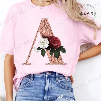 T Shirt for Women Clothing Summer Short Sleeve Tee shirts Rose Gold Letter A~Z Printed Graphic Tops Female T-Shirts Clothing