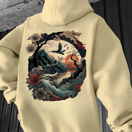 Oversized Unisex Hoodie Oriental Mountain Bird Flower Sunset Back Print 2026 Spring Ulzzang Y2K Viral Street Sweatshirt