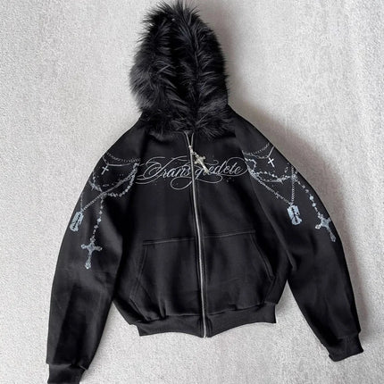 European and American High Street Loose Letter Printed Zipper Hoodie Hoodie