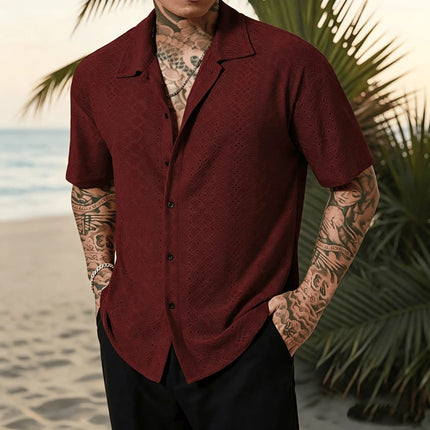 Men's Vacation Casual Style Knitted Geometric Striped Crochet Textured Jacquard Loose Short-Sleeve Shirt Hawaiian Beach Shirts