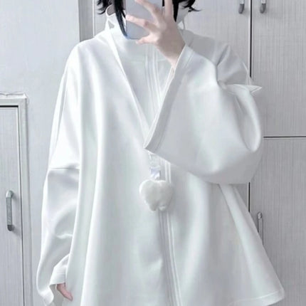 Japanese Casual Solid Hoodies Women Loose Y2k Aesthetic Oversized Embroidery Coats Harajuku Zipper Grunge Sweatshirts