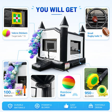 13x10x11ft Big Size Commercial PVC Inflatable Bouncy Castle Outdoor Bounce House with Basketball Hoop Black And White for Kids Parties And Backyard Fun