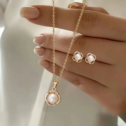 3pcs Shining Zircon Flower Jewelry Sets for Women Light Luxury Imitation Pearl Pendant Necklace Earrings Banquet Party Jewelry