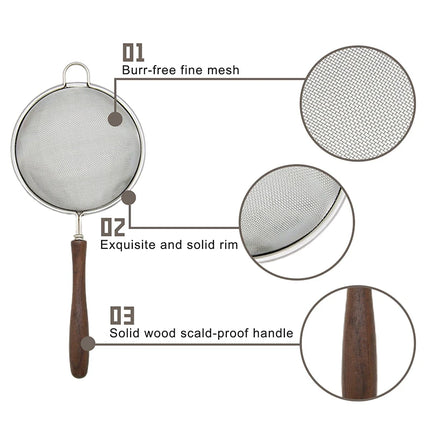 Kitchenism 304 Stainless Steel Mesh Strainer Filter Spoon with Wooden Handle for Filtering Juices Residues Flour Tea