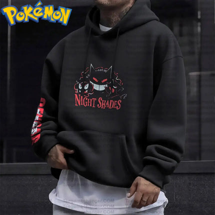 Pokemon Anime Gengar Cotton Hoodie Harajuku Pants Set Black Character Print with Red Eyes Sharp Teeth Pattern Two Piece Outfit