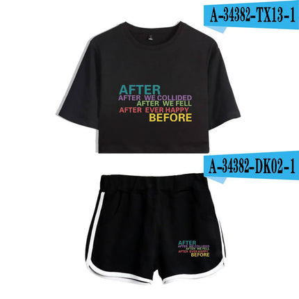Youthful Black White After We Collided Girl Dew navel Two Piece Set Sexy Short Sleeve Crop T-shirts+Shorts Pants Tracksuit