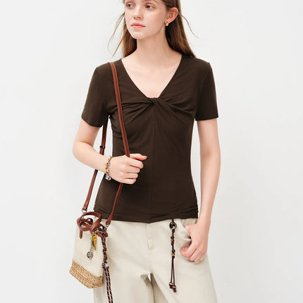 FSLE 2026 Spring Summer Women's Slim Fit V-Neck Short Sleeve Knit Top Mulberry Silk Cupro Blend Shirt for Lightweight Soft Touch
