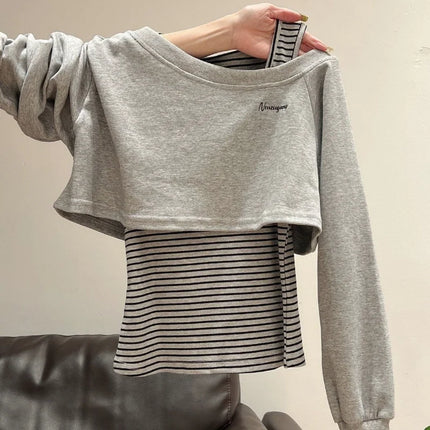 Xia Zhenhua Gray Off-shoulder Long-sleeved Striped Sweatshirt Women 2025 Autumn Design Matching Vest Two-piece Set
