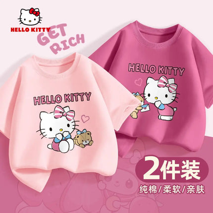 (2 Pieces Per Pack) Sanrio Summer Baby Girls 100% Cotton Clothes Kid Children Girl Hello Kitty Printed T-shirts Short Sleeve Top