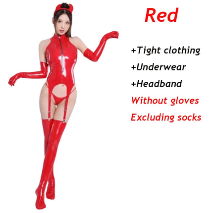 Wet Look Catsuit + G-string + Hair Clasp Sleeveless Shiny PU Leather Lingerie Bodysuit Sexy Erotic Cosplay Clubwear Body Garter