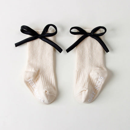 1/4pairs 0-2Y Cute Baby Girls' Cotton Mid-calf Socks Solid Bowknot Non-slip Sockens Toddler Kids Spring & Autumn Newborn Socks