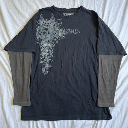 90s Vintage Cross Skull Print Tee Mall Goth Graphic Long Sleeve Patchwork T-Shirt Harajuku Retro Y2k Crop Top Women Streetwear