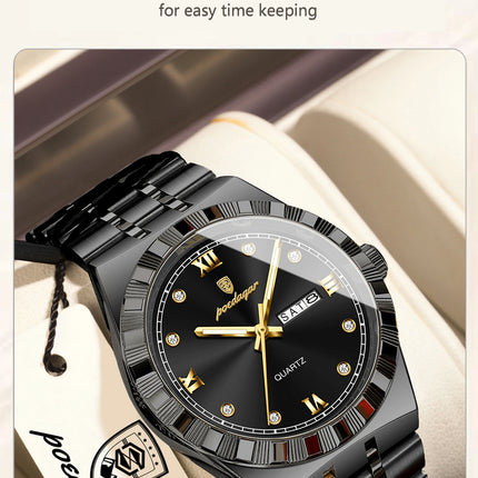 POEDAGAR Business Men's Watches Waterproof Luminous Week Date Fashion Men's Wristwatch Stainless Steel Quartz Watch For Men Reloj