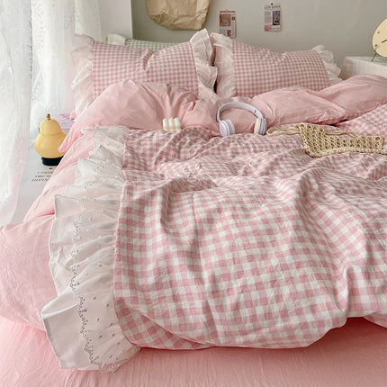3 Piece Sheet Set  pink plaid duvet cover Set ， comfortable Bedding Set Bedspread for All Season
