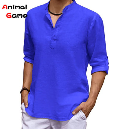 New Men's Linen Long Sleeve V-neck T Shirt Solid Color Oversize Casual Shirt Cotton Shirt Plus Size Yoga Button Shirts for Men