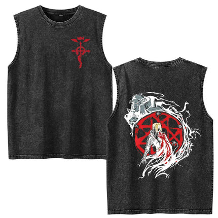 Anime Fullmetal Alchemist Vintage Washed Tank Tops Funny Manga Brotherhood Eyes T-shirts Fashion Casual Sleeveless Vest T-shirts