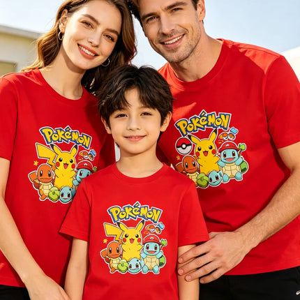 2026 Summer Pokemon Pikachu & Squirtle Family Matching T-Shirts, 100% Cotton Parent-Child Tops for Outdoor Play & Travel Y2k