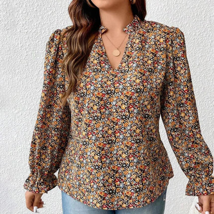 Plus Size Women's Shirt, Flower Print V Neck Long-Sleeved Top, Loose Fit, Elegant Design, Fabric Soft, Vacation Casual Shirt