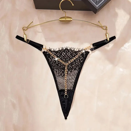 2024 New Sexy Solid Color Lace Metal Chain Thong Hot Low Waist Transparent Erotic Panties Women's Underwear Crotchless G-String