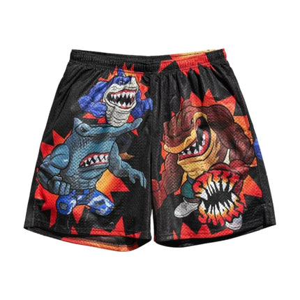 American Street Sharks Retro Shorts Summer Basketball Mesh Shorts Men's Athleisure Shorts Beach Shorts Breathable Quick-drying