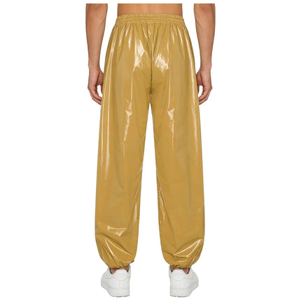 Mens Shiny Waterproof Jogging Pants Y2K Drawstring Waistband Side Pockets Trousers Track Baggy Glossy Pants Hip Hop Trousers