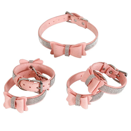 Luxury Pink Leather BDSM Set Rhinestone Bow Choker Collar with Handcuffs Ankle Cuffs Slave Role Play Fetish Gear for Women