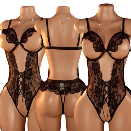 Crotchless Open Bra Lingerie Set Sexy Women Hollow Bra Sets Transparent Teddy Deep V Bodysuit Erotic Thin Hot Underwear Set