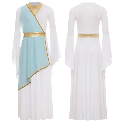 Girls Halloween Ancient Greek Princess Cosplay Costume Roman Toga Dress Long Sleeve Church Choir Robe Overlay Tunic Dress