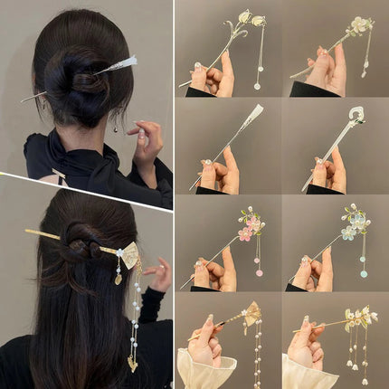 2023 New Vintage Chinese Women's Hair Stick Metal Glaze Flowers Hair Chopsticks Ladies Pearl Jewelry Hair Sticks Accessories