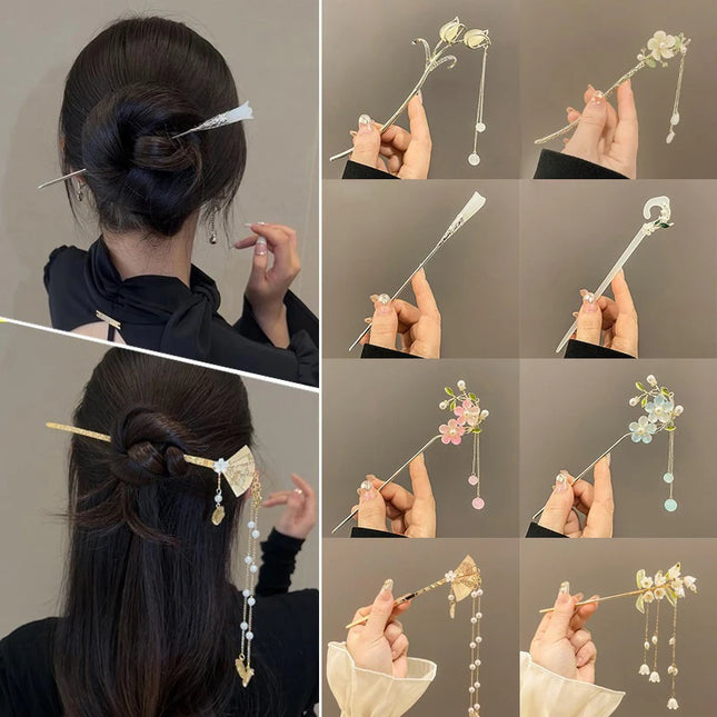 2023 New Vintage Chinese Women's Hair Stick Metal Glaze Flowers Hair Chopsticks Ladies Pearl Jewelry Hair Sticks Accessories