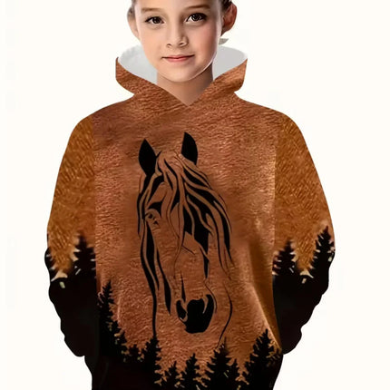 Cool Horse Girl Clothes Animals 3D Print Autumn Long Sleeve Hoodies Loose Lightweight Sweatshirt Comfortable Children's Clothing