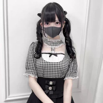 Japanese Gothic Lolita Style Shirts Women Vintage Sweet Y2k Lace Ruffles Short Sleeve Plaid Blouse Girls Casual Tops