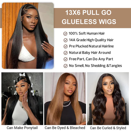 Ossilee 250 Density Pull Go Glueless Wigs with Elastic Drawstring Straight 13x6 HD Lace Front Human Hair Wigs Pre Cut Lace Wig