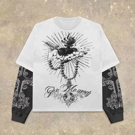 Gothic Fake Two Piece Long Sleeve Red Eye Pattern Spliced T Shirt Autumn Popular Select Dark Punk Fashion Cotton Tops