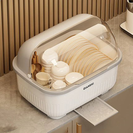 Dish Rack with Protective Cover - Space-Saving, Dust-Proof Kitchen Storage Cabinet with Chopstick Holder, Multifunctional Utensil Organizer with Drainage Board, Drainage Function, Suitable for Countertops and Cabinets, Dish R