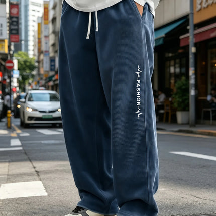 Men's corduroy wide leg pants with elastic drawstring, loose straight leg pants, fashionable letter printed streetwear,   S-4XL