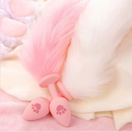 Silicone Fox Tail Anal Plug for Couples Cat Claw Print Role Play Tail Masturbation Sex Toys Adult Women Flirting Games Butt Plug