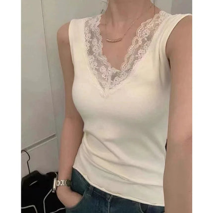Spring Autumn Women's Slim Fit Lace Trim V-Neck Strap Vest Top Slim Inner Wear Base Layer Sweet Style Elastic Fiber