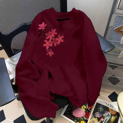 Autumn and Winter Round Neck Sweatshirt Cherry Blossom Print Loose Casual Long Sleeve Pullover