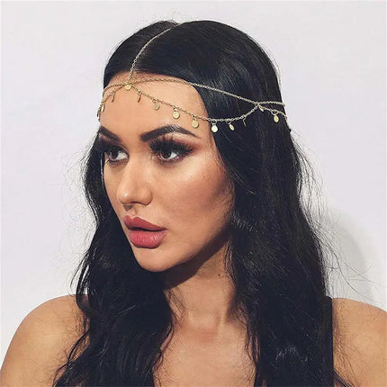 1PC Gold Chain Headpiece with Disc Charms, Boho-Style Hair Accessory, Elegant Head Chain for Festivals & Parties