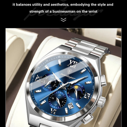 POEDAGAR Fashion Functional Men's Wristwatch Luminous Week Date Business Watch For Men Stainless Steel Sports Men's Quartz Watches