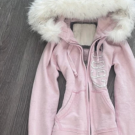 Hoodies Women Clothes 2000s Summer Pink Girly Fix Fox Aesthetic Kawaii Y2k Sweet Zip Up Hoodie Punk Loose Sweatshirt Coat Y2k