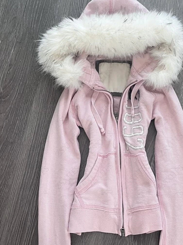 Hoodies Women Clothes 2000s Summer Pink Girly Fix Fox Aesthetic Kawaii Y2k Sweet Zip Up Hoodie Punk Loose Sweatshirt Coat Y2k